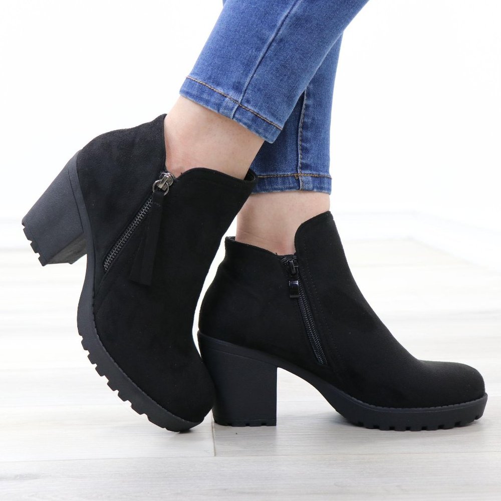 Black Suede Lug Chunky Heel Ankle Boots - Picture 3 of 16